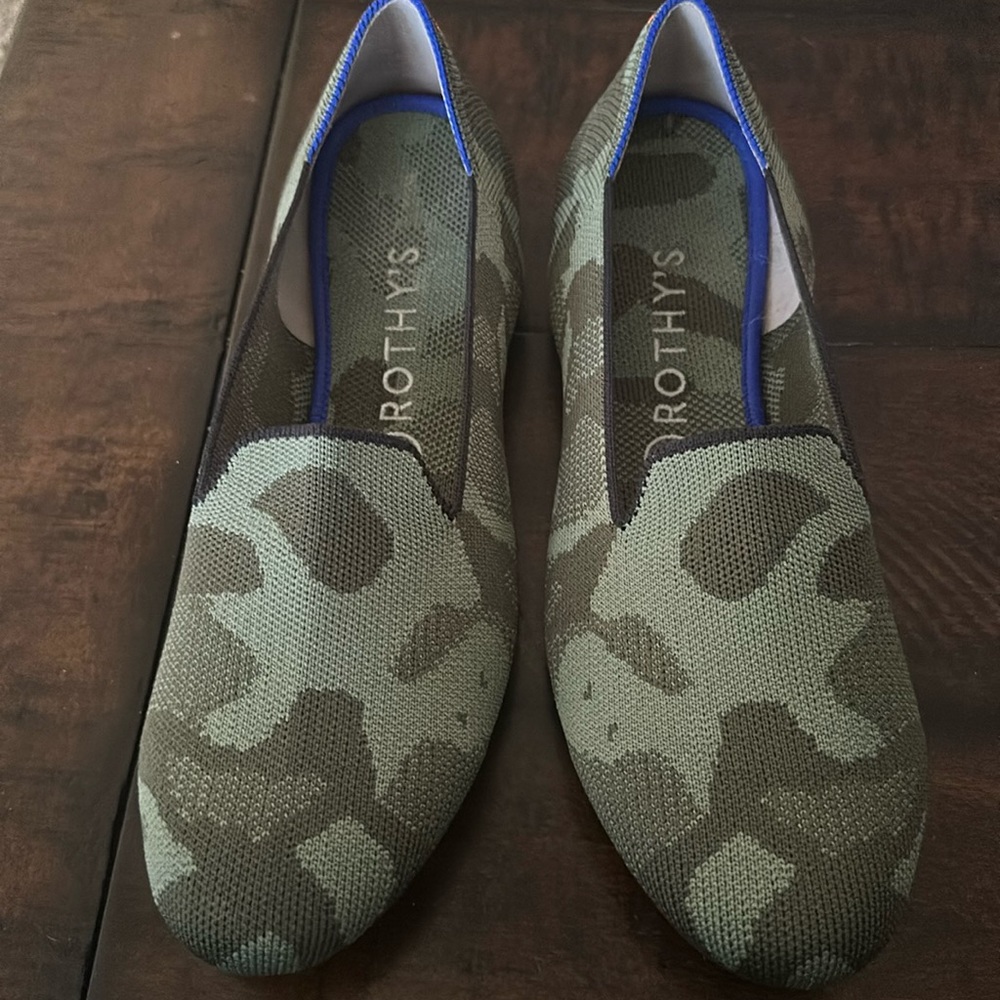 Rothy's Camouflage Olive Green & Blue Trim Flats
